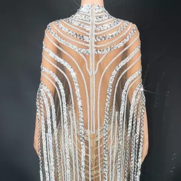 🌸 DIAMOND DRESS RHINESTONE LONG MAXI TALL SHEER SILVER WEDDING BRIDE QUEEN - Picture 4 of 7